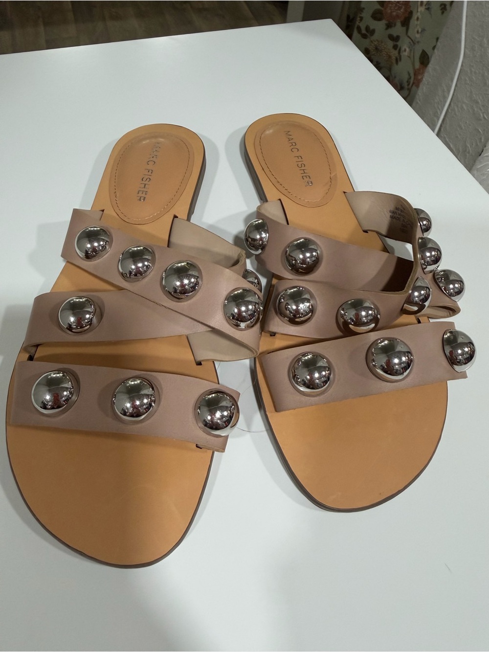 Marc Fisher Beige Slide Sandals with Silver Studs